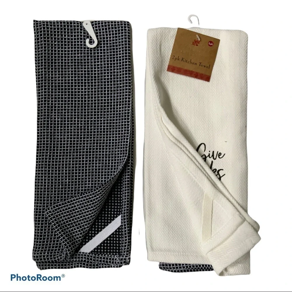 Thanksgiving Turkey Kitchen Towels Give Thanks Buffalo Check Black White 2 PC